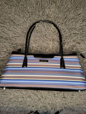 Kate Spade NY Striped Canvas Satchel Purse Blue Pink Black Patent Leather
